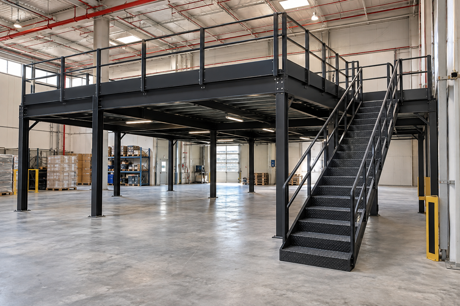 Concept visual of a steel mezzanine and access staircase