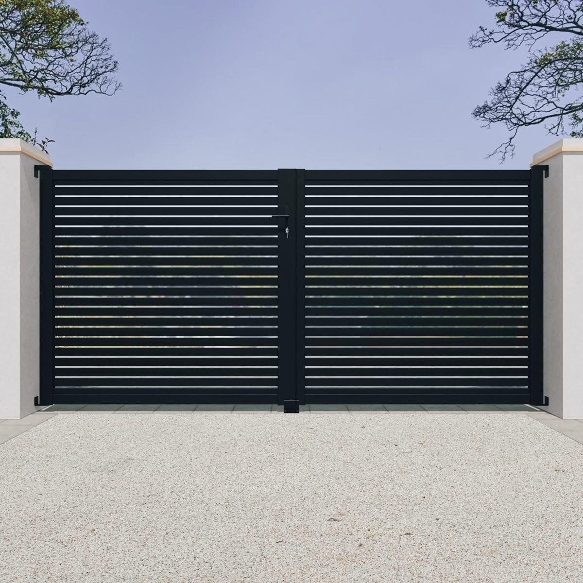 Black horizontal slat double gate