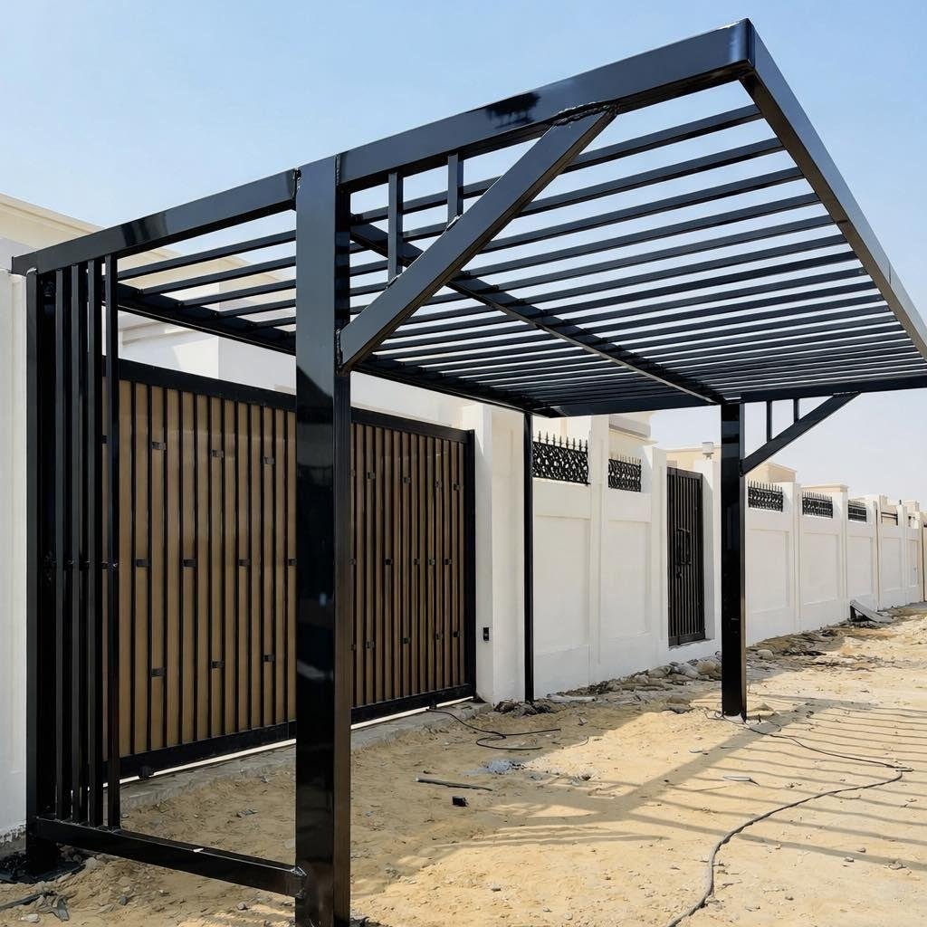Black steel parking pergola and gate